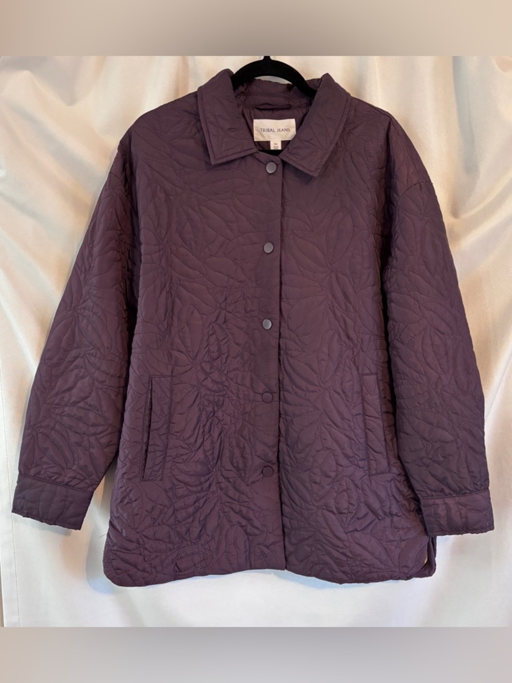 Tribal Jeans Quilted Long-Sleeve Puffer Shacket - Plum, Size Large. - Picture 5 of 11